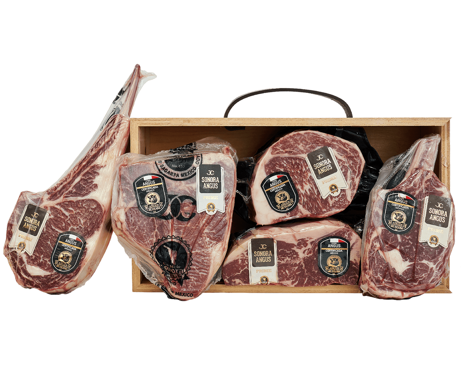 Paquete de steaks tomahawk cowboy porterhouse newyork ribeye angus jc